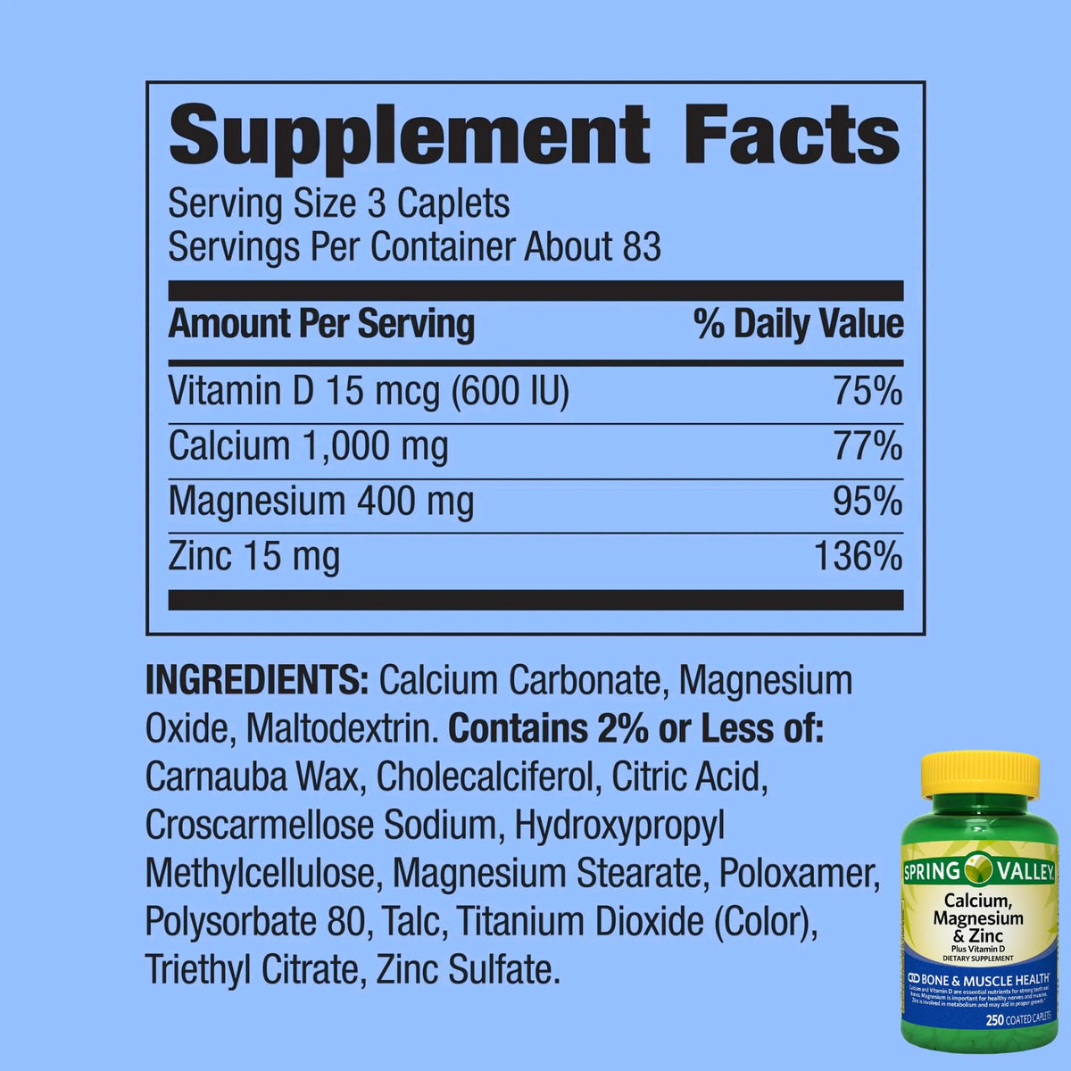 Calcium Magnesium Zinc Vitamin D3 Supplement 250 Caplets Gluten Free G94057
