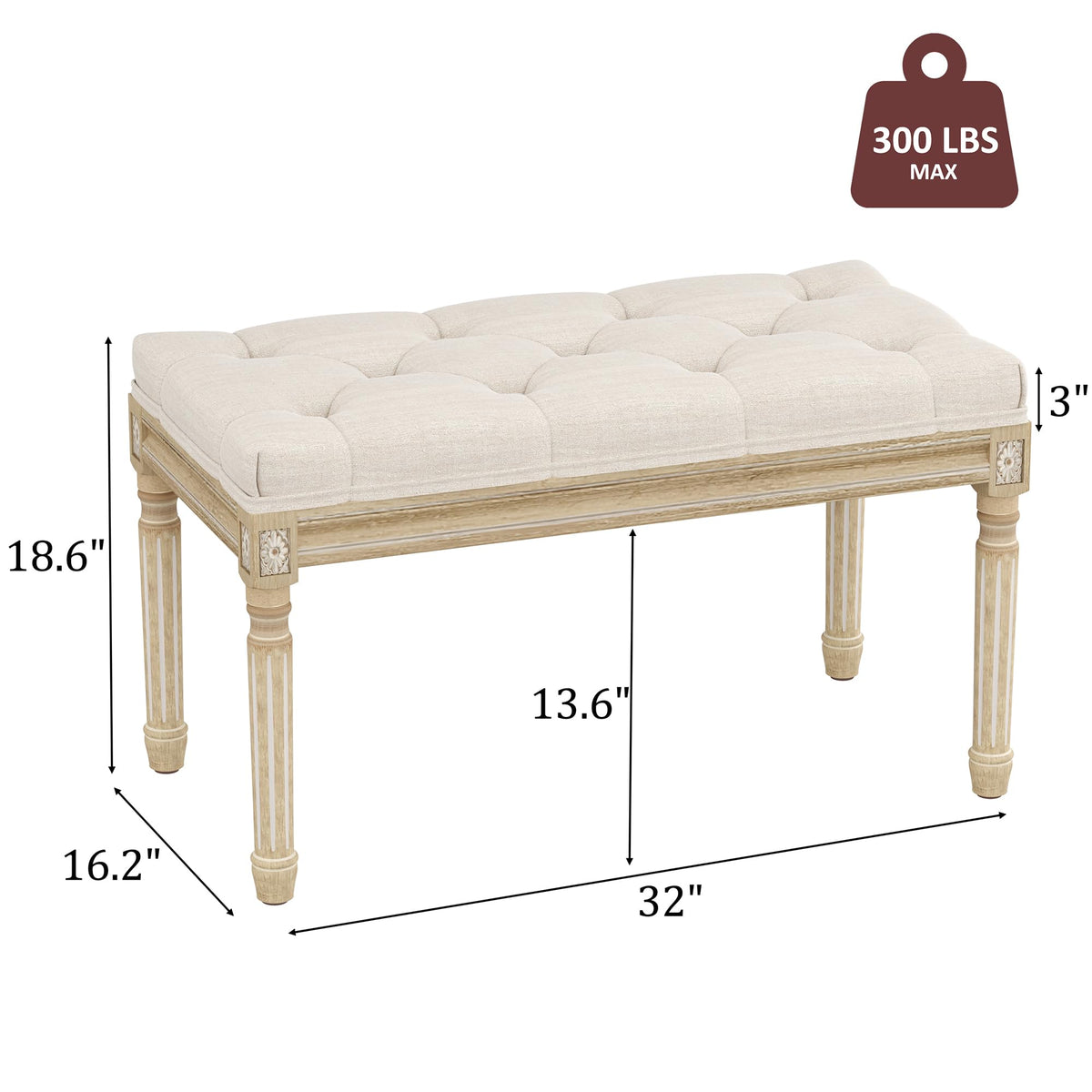 Beige Upholstered Bench with Carved Wood Legs O349