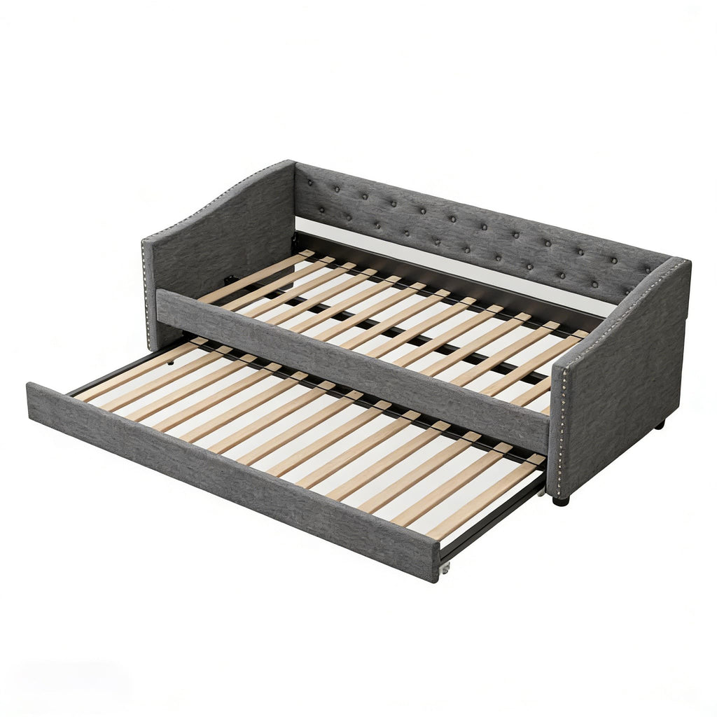 Twin Size Upholstered Daybed Frame with Trundle, Dark Grey S3014