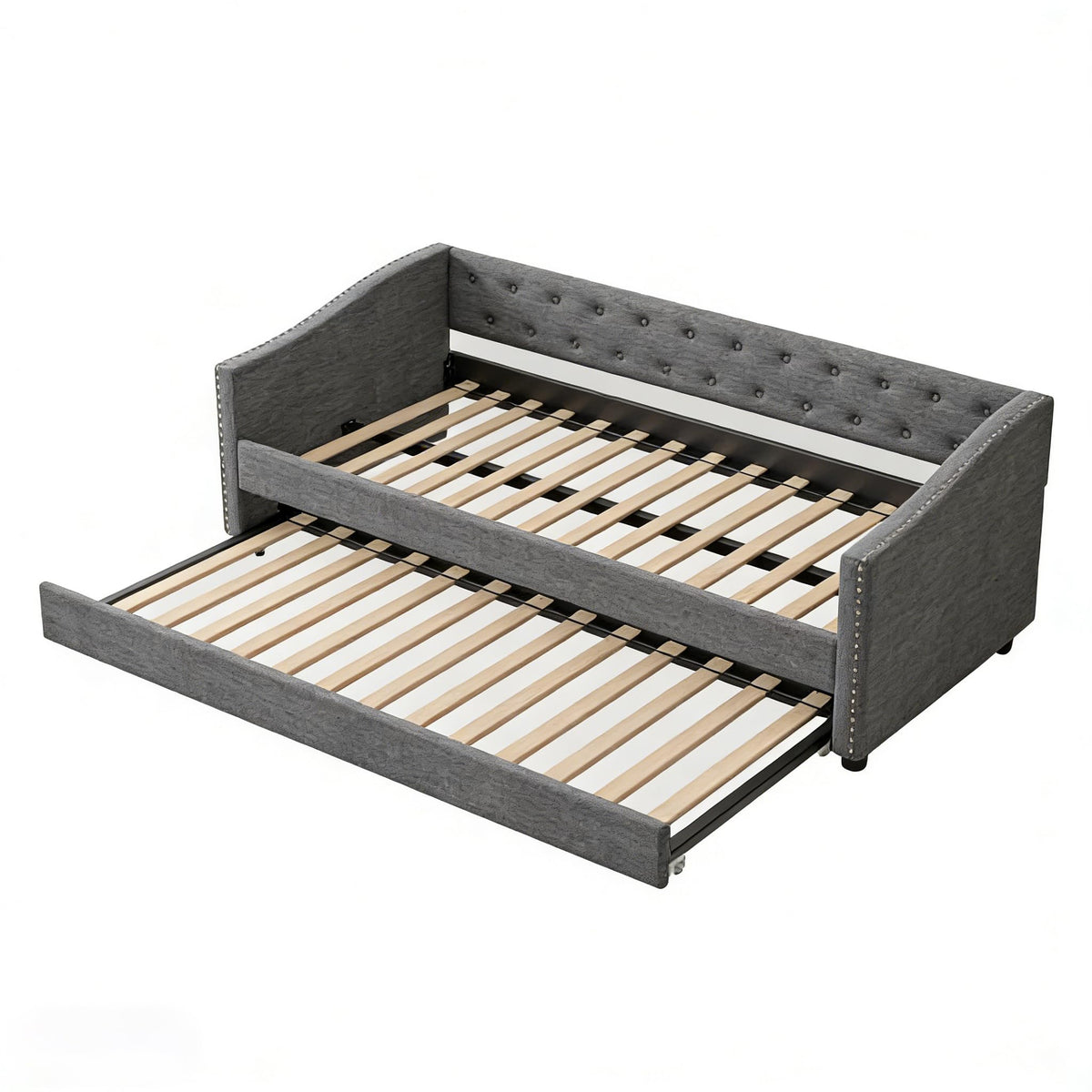 Twin Size Upholstered Daybed Frame with Trundle, Dark Grey S3014