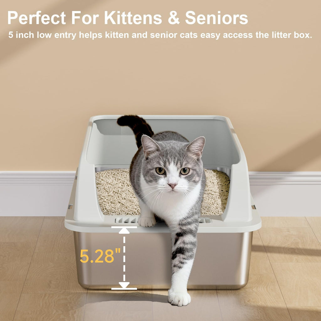 XL Stainless Steel Cat Litter Box with High Sides, Litter Mat, Scooper L8197
