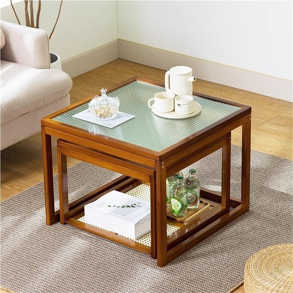 Set of 2 Square Glass Top Rattan Storage Coffee Table C892