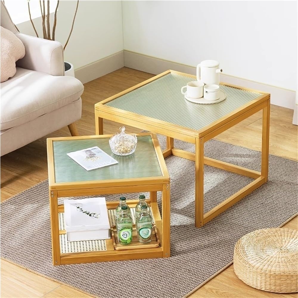 Set of 2 Square Glass Top Rattan Storage Coffee Table C892