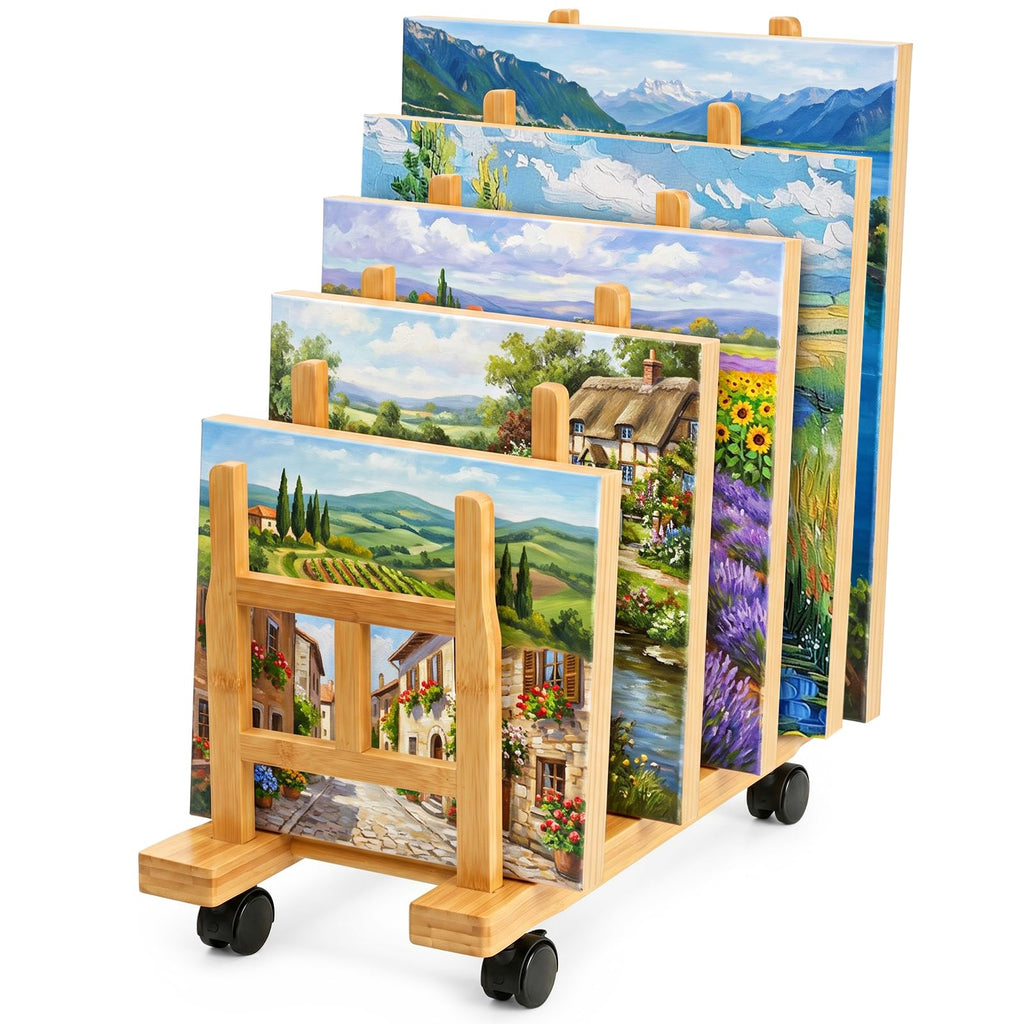 5 Slots Adjustable Bamboo Art Storage Drying Rack with Caster Wheel G4277