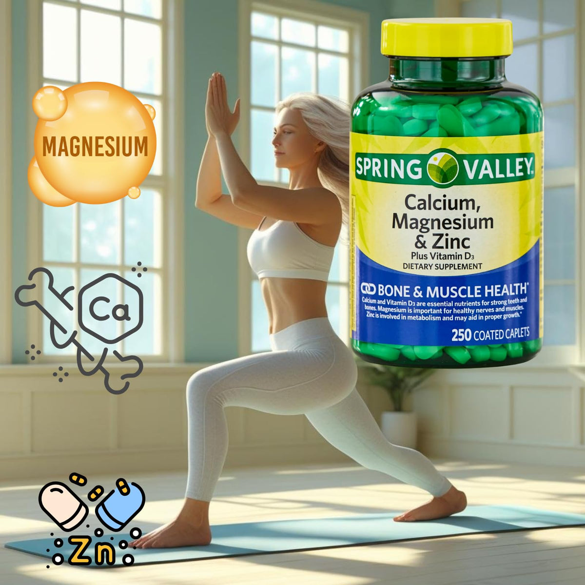 Calcium Magnesium Zinc Vitamin D3 Supplement 250 Caplets Gluten Free G94057