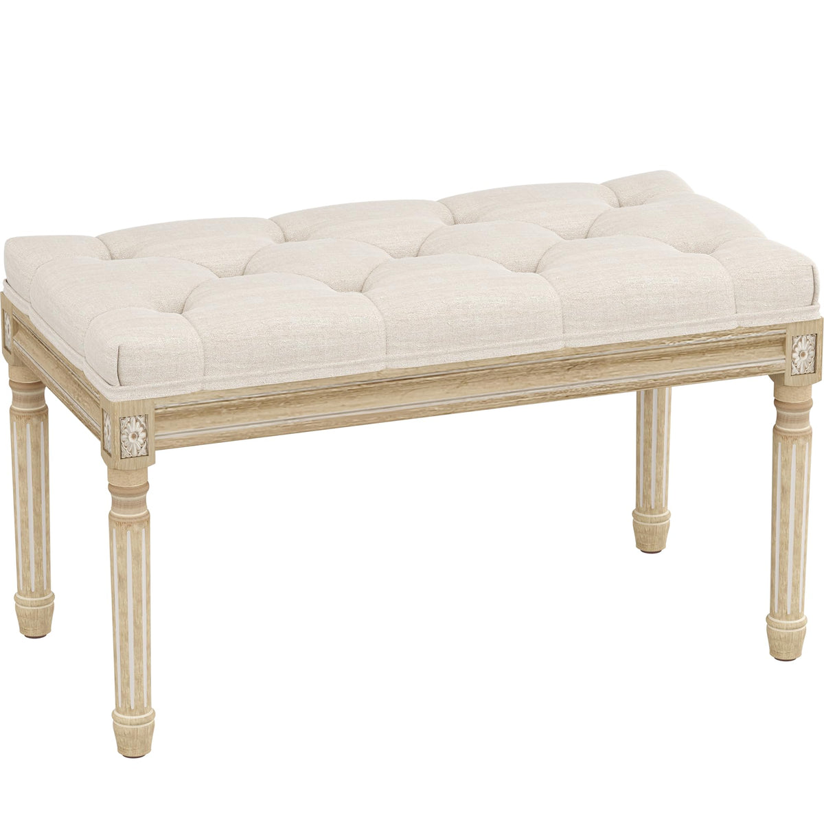 Beige Upholstered Bench with Carved Wood Legs O349