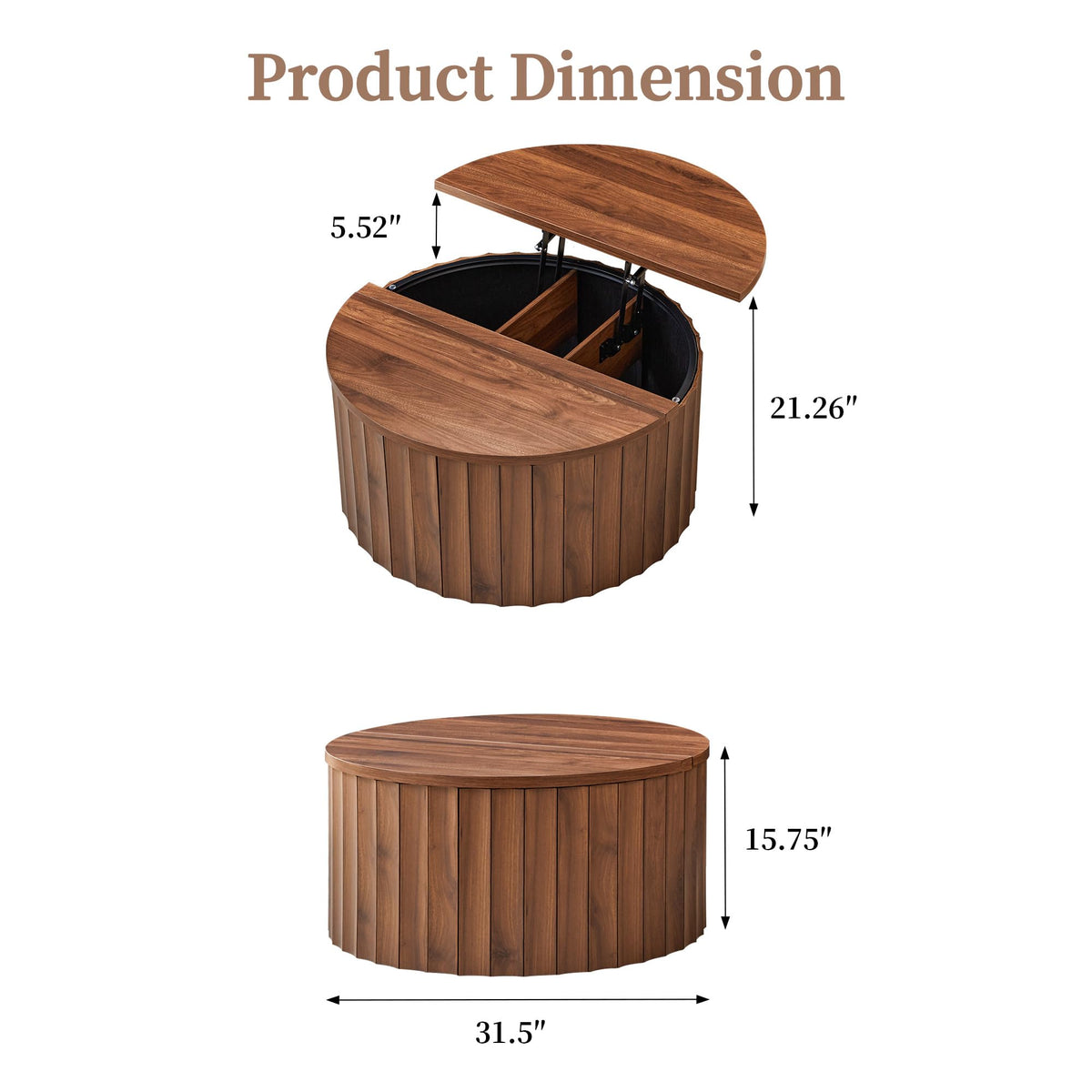 Fluted Round Lift Top Coffee Table with Storage C486823