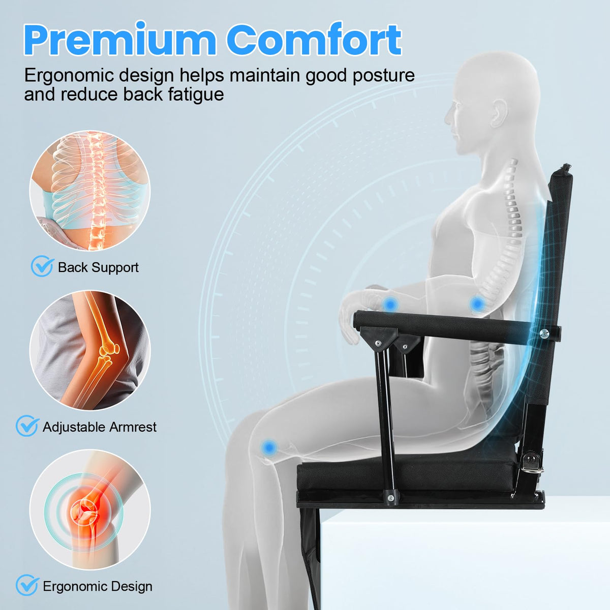 2 Pcs Black Folding Stadium Seat Cushion with Back Support S4208