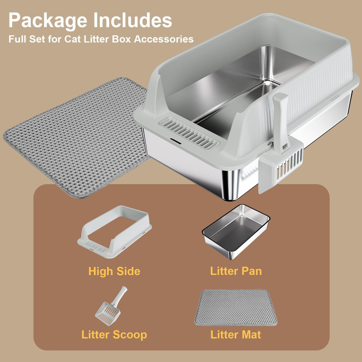 XL Stainless Steel Cat Litter Box with High Sides, Litter Mat, Scooper L8197