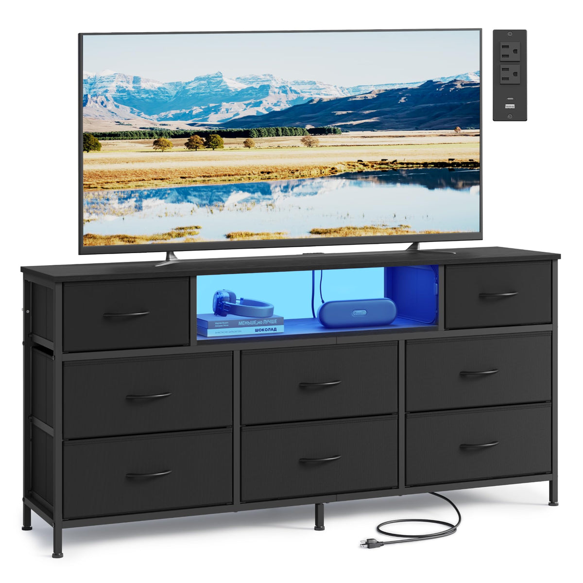 8 Fabric Drawers Dresser with Outlets & LED Lights E648