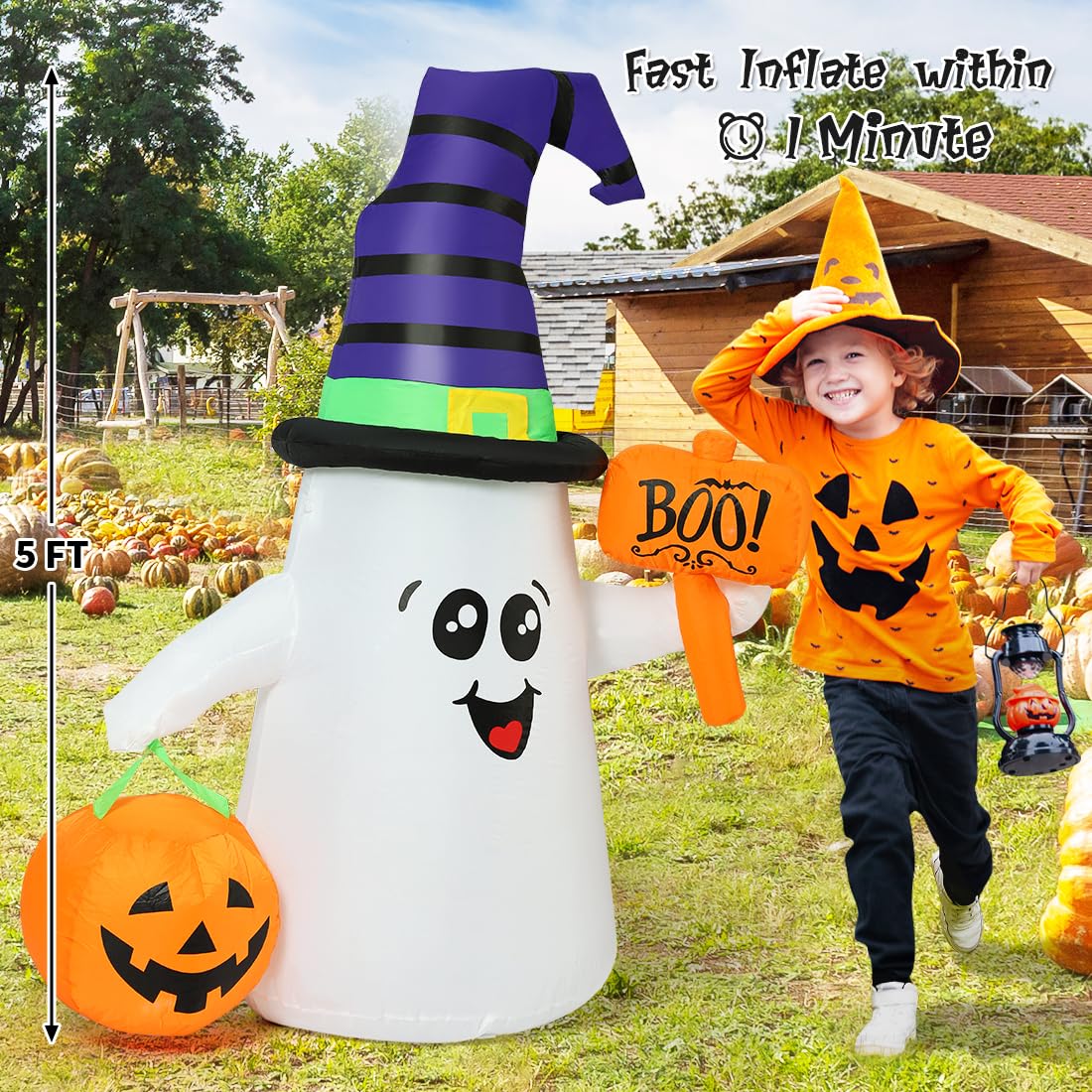 5 FT Halloween Inflatables Ghost with Built-in LEDs L4300