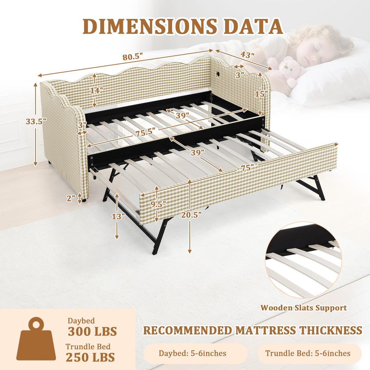 Twin Size Gingham Upholstered Daybed with Trundle and USB Ports O93843