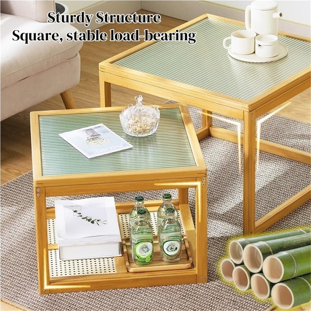 Set of 2 Square Glass Top Rattan Storage Coffee Table C892