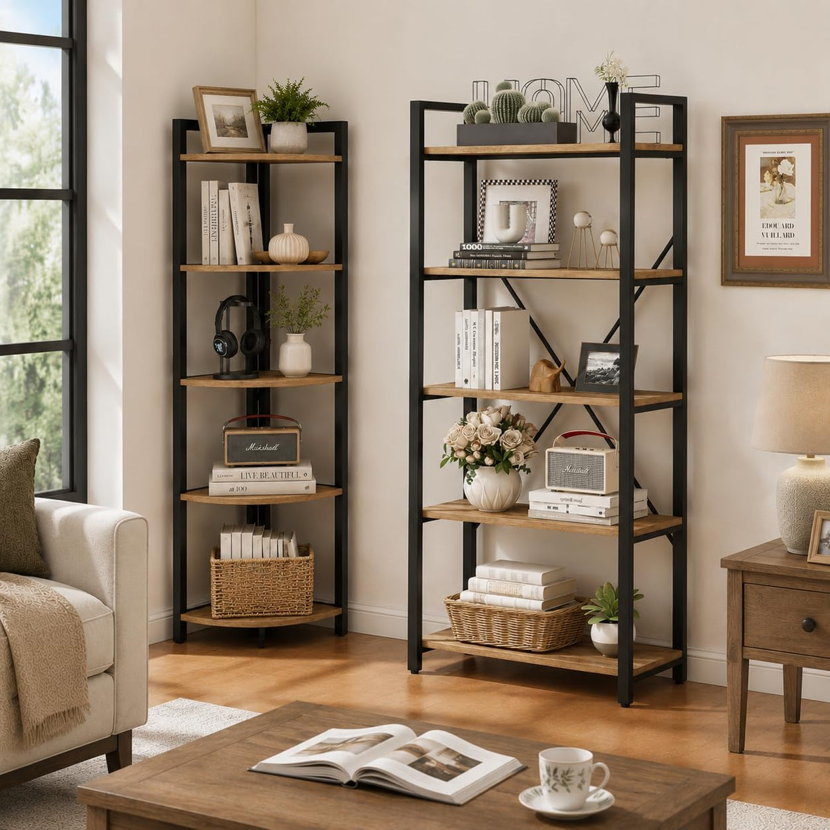 Tall Wood and Metal Corner Bookshelf B243