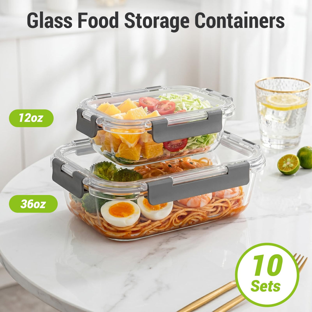 10 Sets 36 oz & 12 oz Glass Food Storage Containers with Lids, Gray Y1508