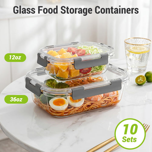 10 Sets 36 oz & 12 oz Glass Food Storage Containers with Lids, Gray Y1508