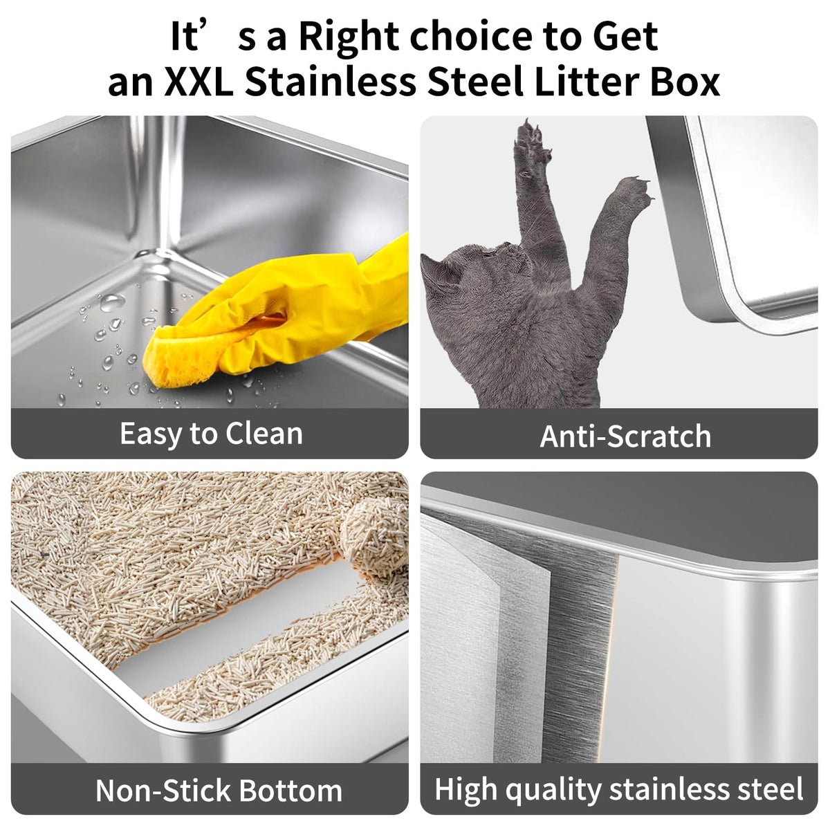 XXXL Stainless Steel Cat Litter Box with High Sides and Scoop Q22950