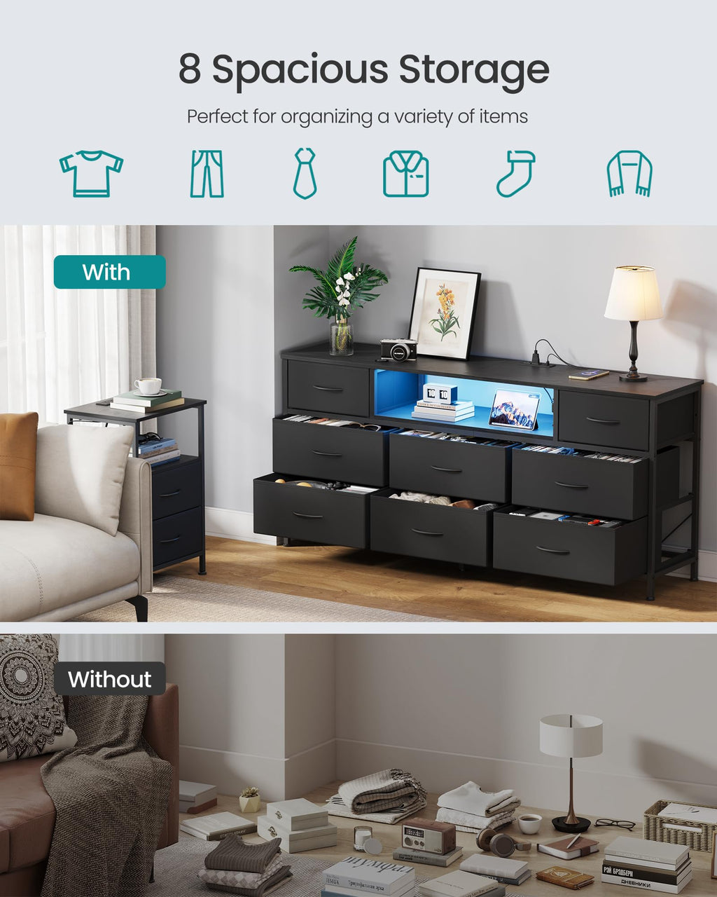 8 Fabric Drawers Dresser with Outlets & LED Lights E648