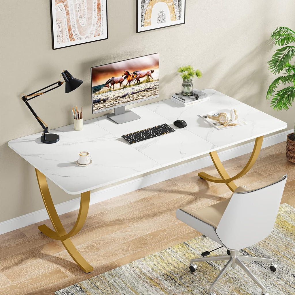 63” Large White and Gold Office Desk F88784