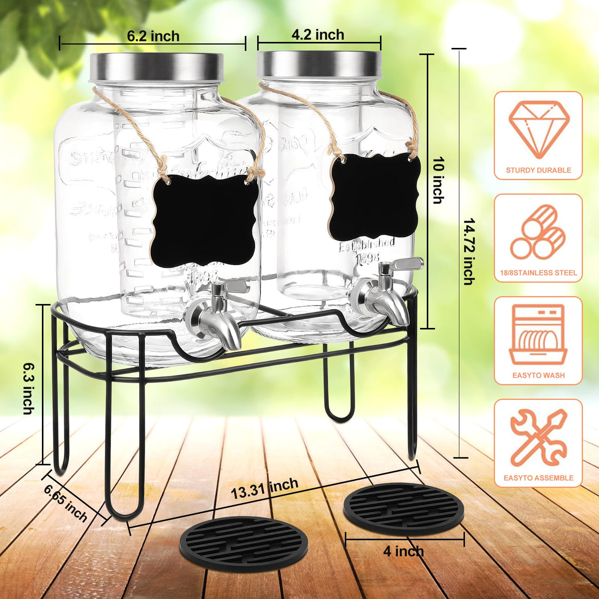 2 Pack 1 Gallon Glass Drink Dispenser with Stand G82256