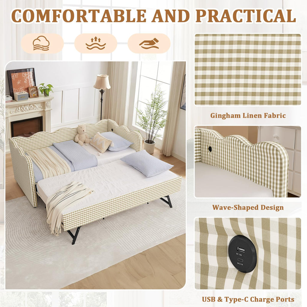 Twin Size Gingham Upholstered Daybed with Trundle and USB Ports O93843
