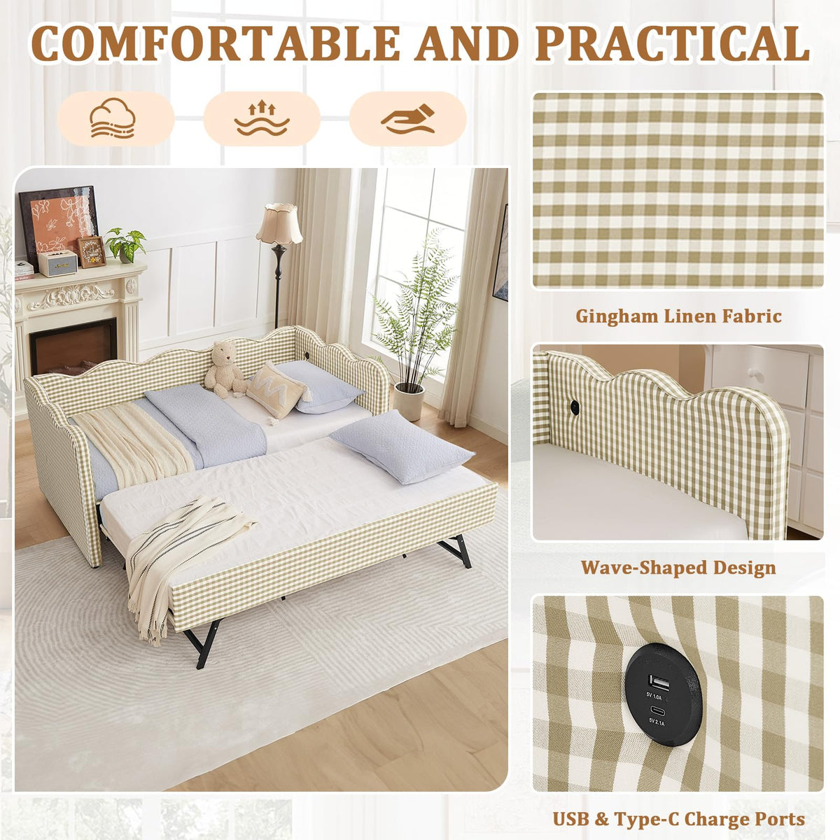 Twin Size Gingham Upholstered Daybed with Trundle and USB Ports O93843