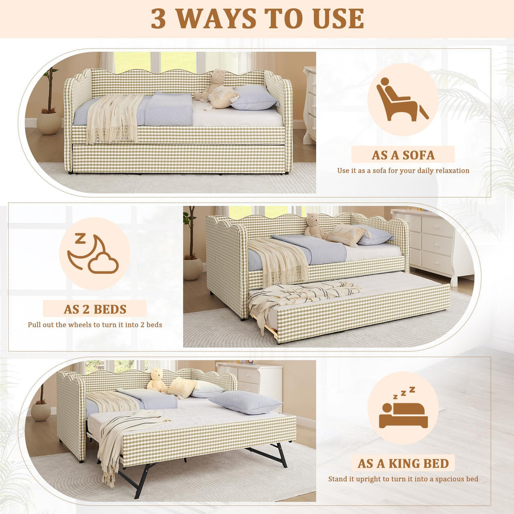 Twin Size Gingham Upholstered Daybed with Trundle and USB Ports O93843