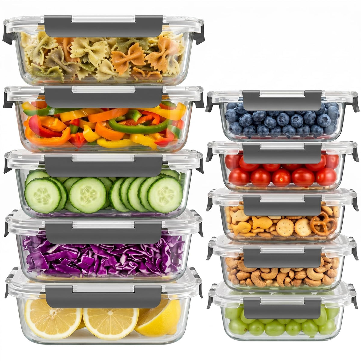 10 Sets 36 oz & 12 oz Glass Food Storage Containers with Lids, Gray Y1508