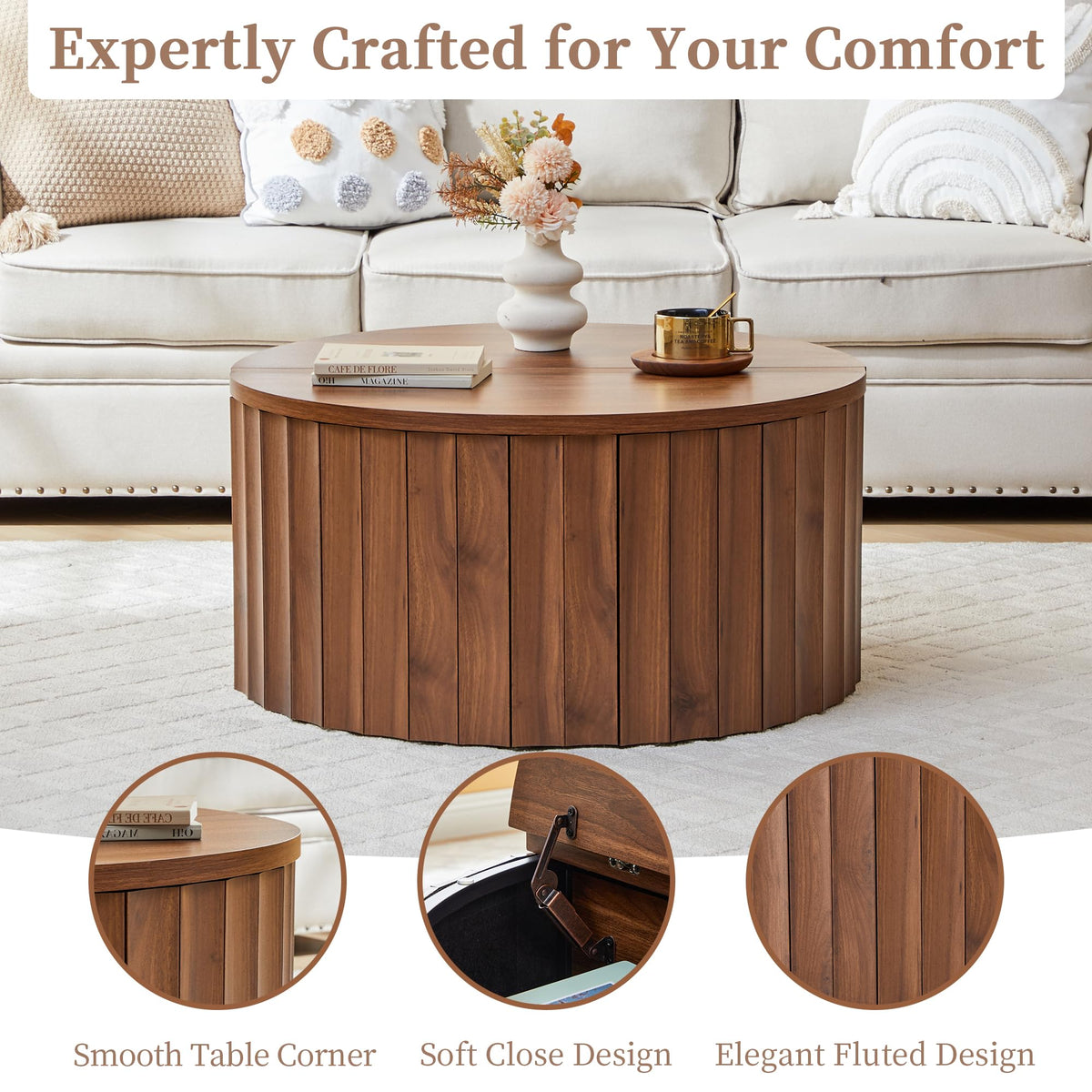 Fluted Round Lift Top Coffee Table with Storage C486823