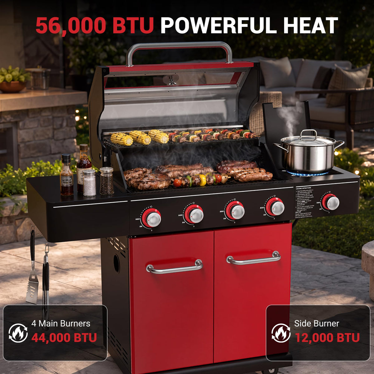 56,000 BTU 4 Burner Propane Gas Grill with Side Burner F693687
