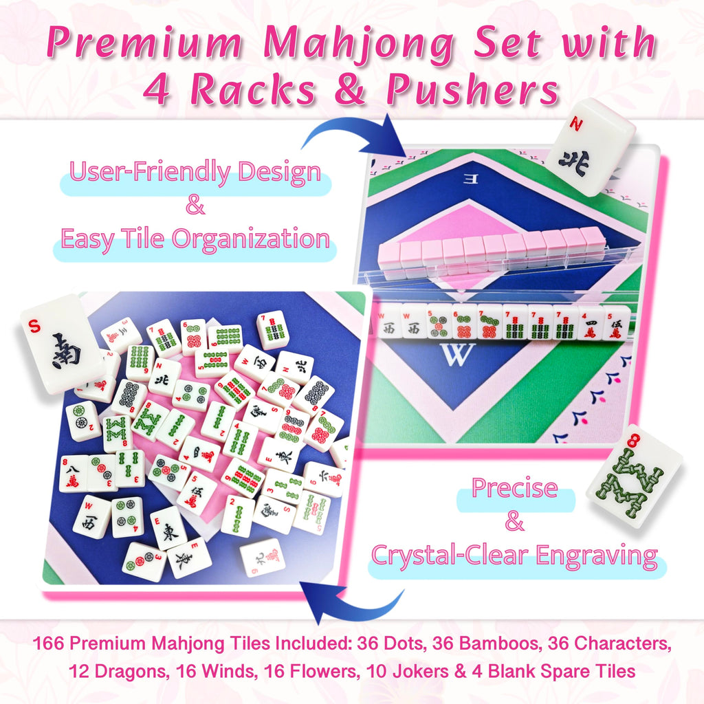 Pink Mahjong Game Set with 166 Tiles, Mat, 4 Racks and Bag T135307