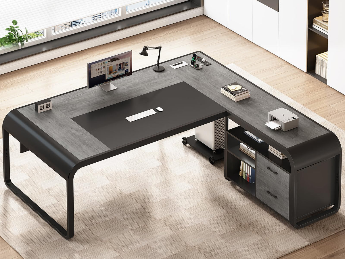 61" Grey L Shaped Desk with Drawer M7261
