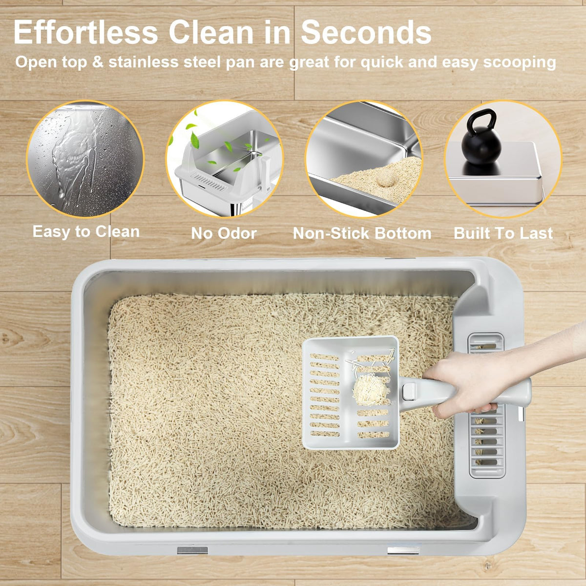XL Stainless Steel Cat Litter Box with High Sides, Litter Mat, Scooper L8197