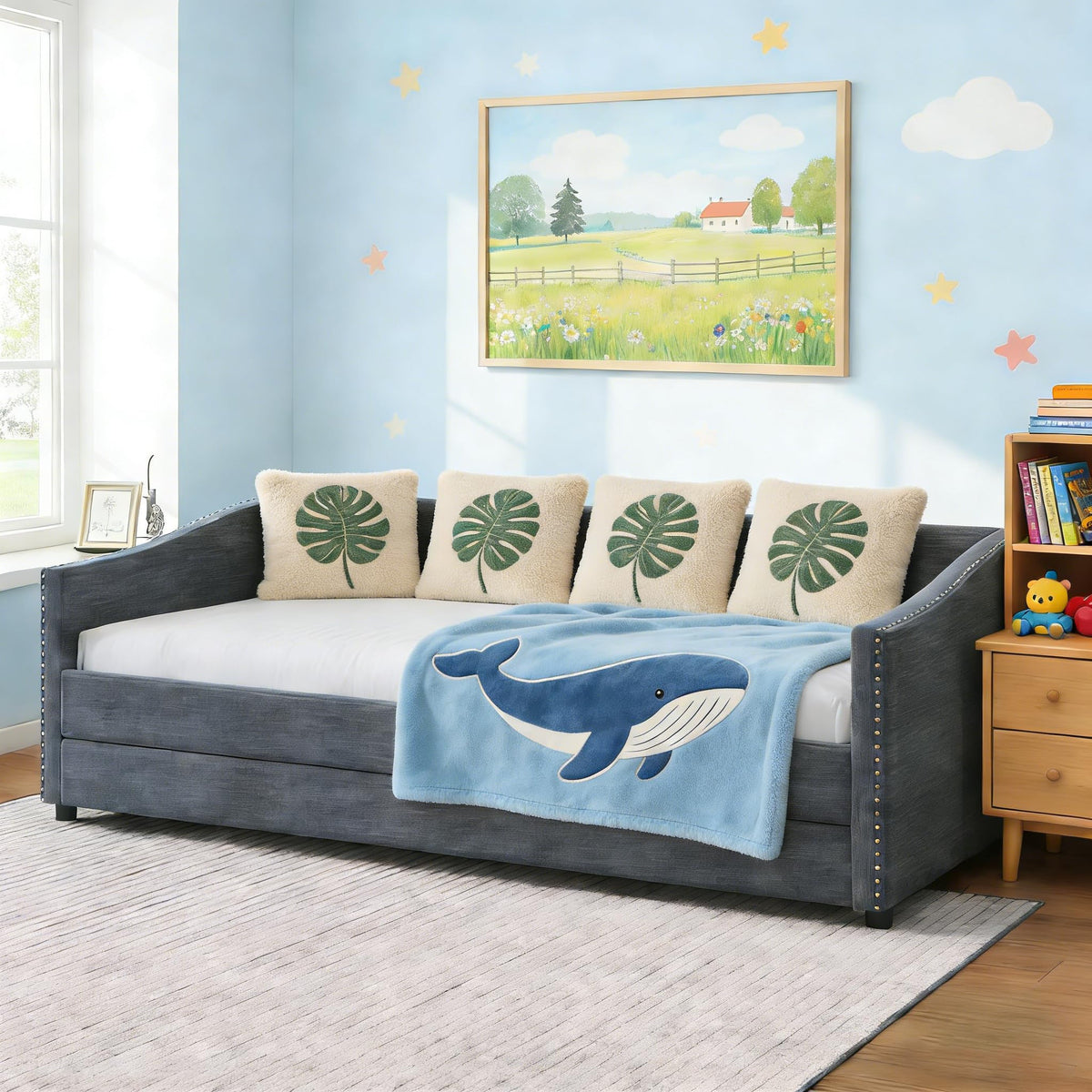 Twin Size Upholstered Daybed Frame with Trundle, Dark Grey S3014