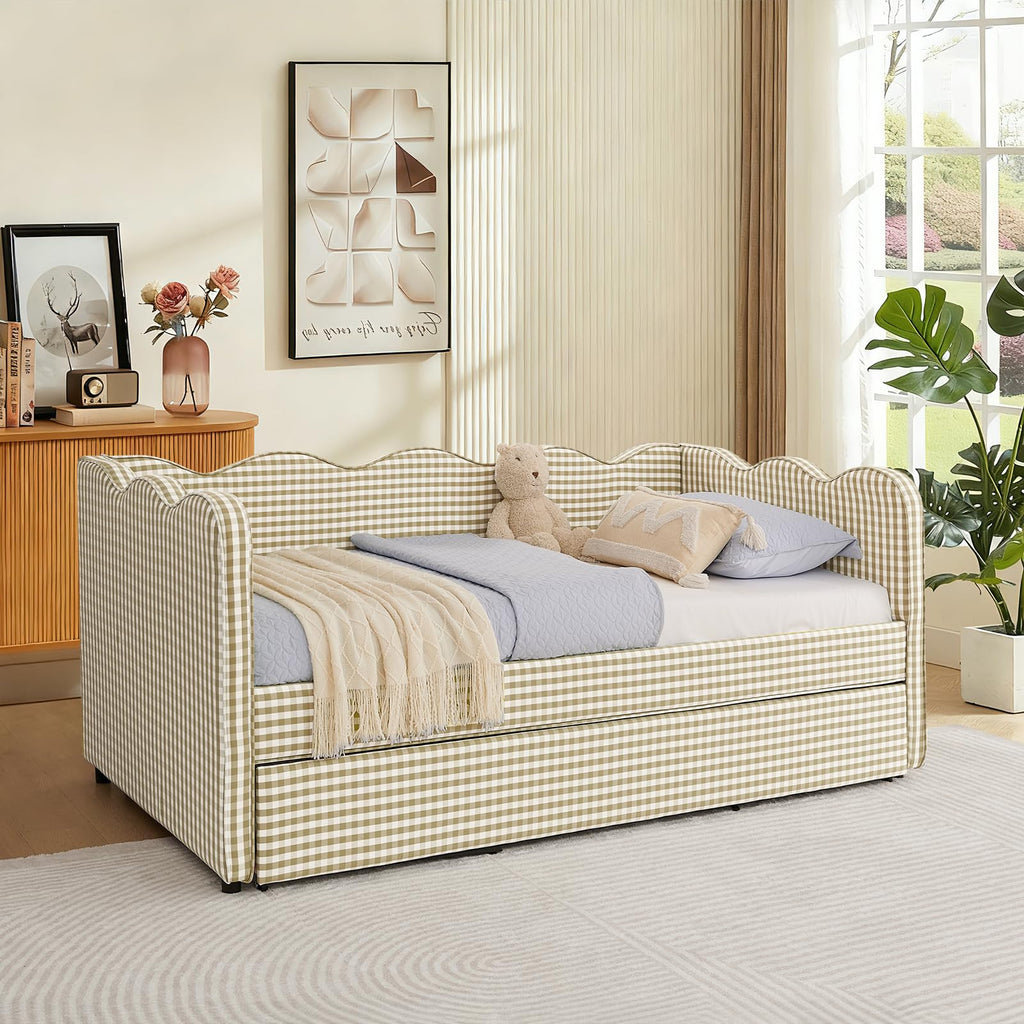 Twin Size Gingham Upholstered Daybed with Trundle and USB Ports O93843