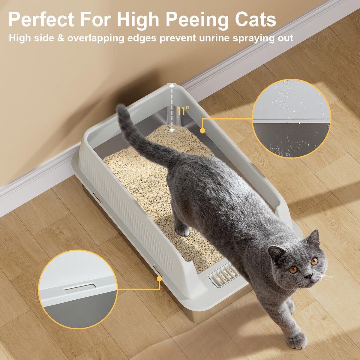 XL Stainless Steel Cat Litter Box with High Sides, Litter Mat, Scooper L8197