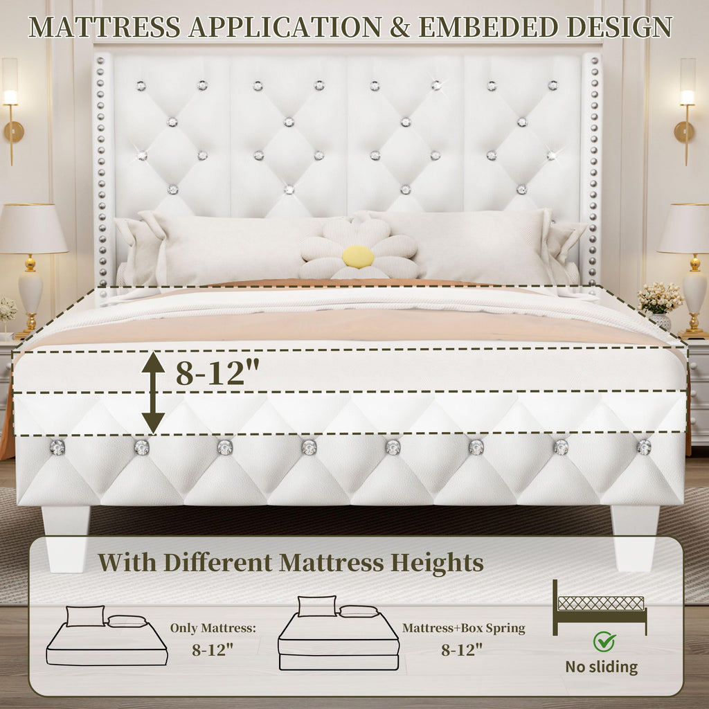 White Upholstered Full Size Bed Frame with Headboard A6348