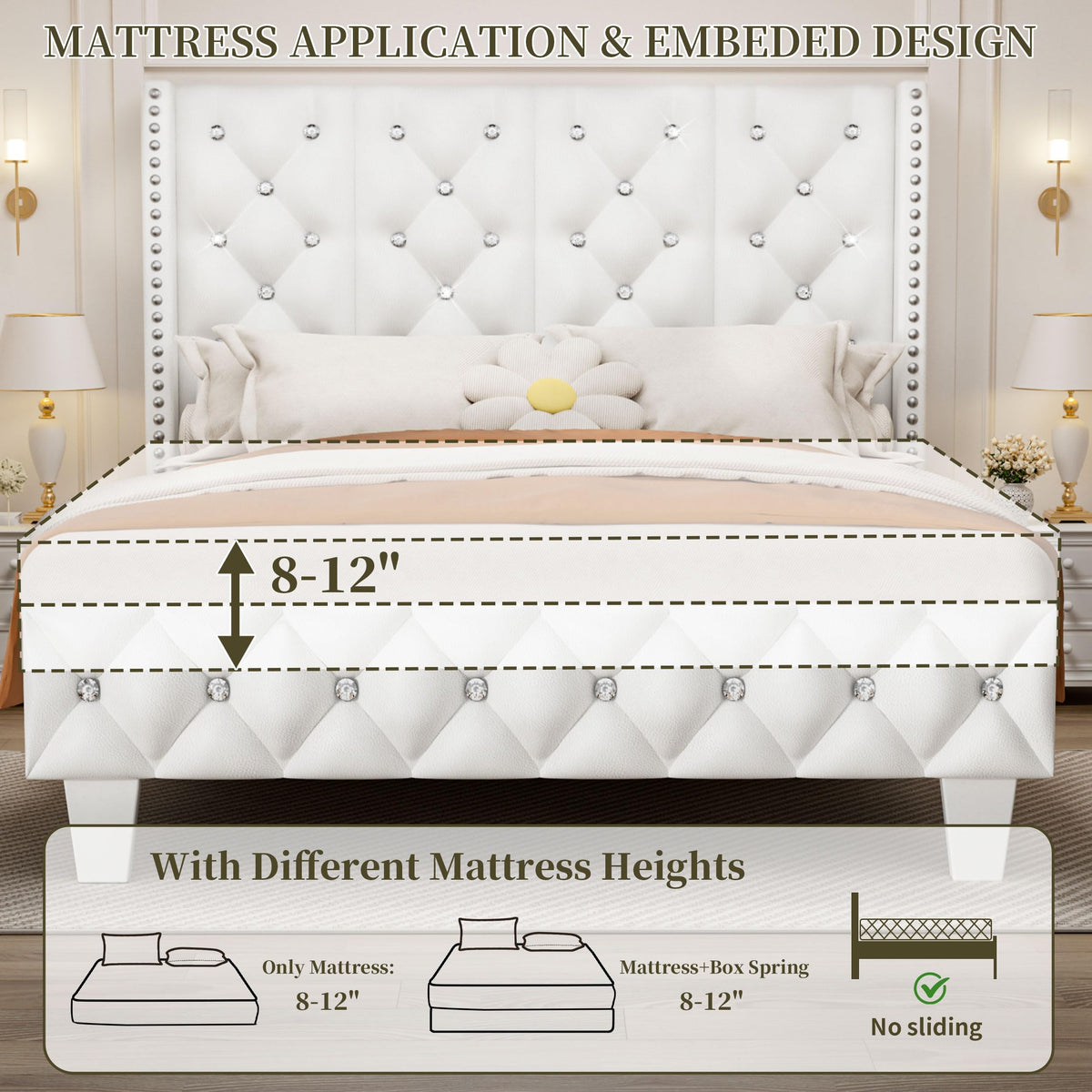 White Upholstered Full Size Bed Frame with Headboard A6348