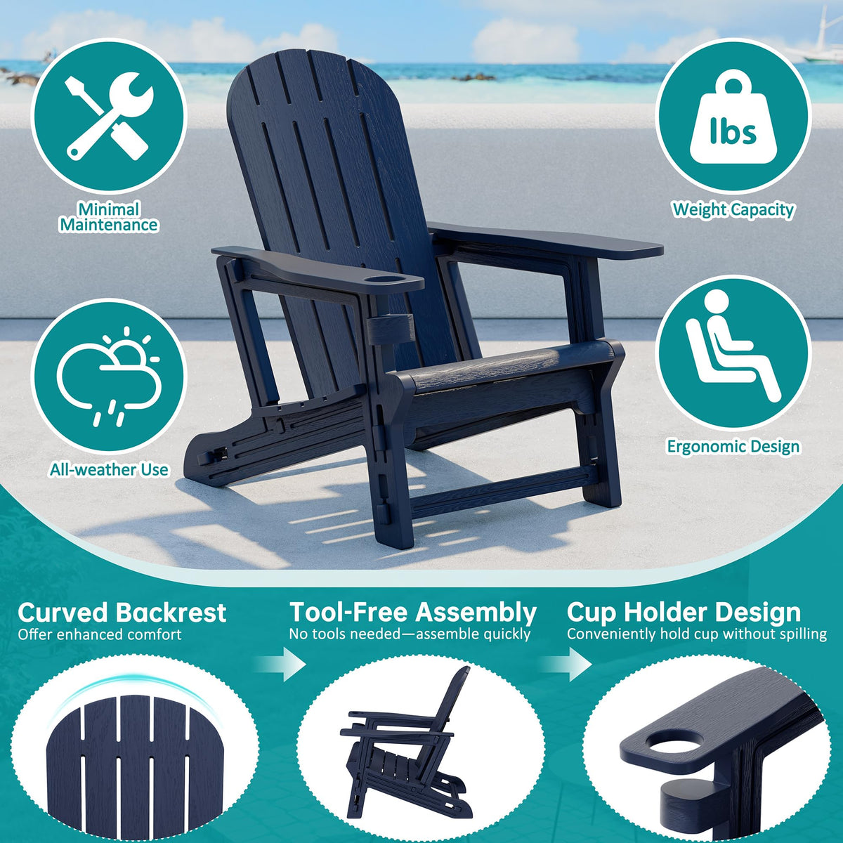 Dark Blue HDPE Adirondack Chairs Set of 2 with Cup Holder E407