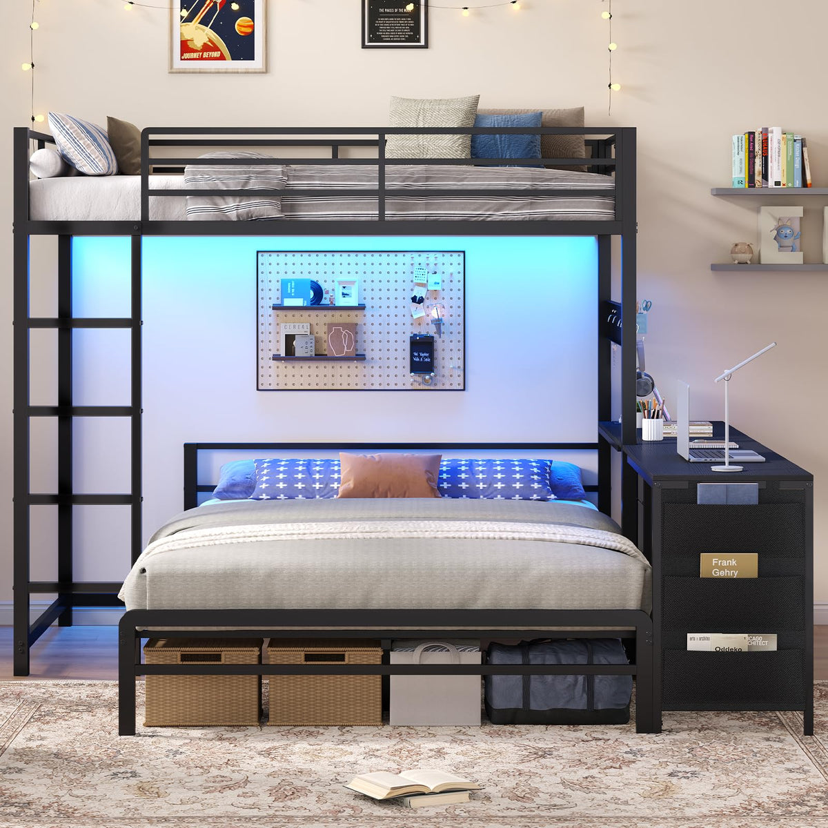 Black Twin Over Full Bunk Bed with Desk and Storage Drawers D83141