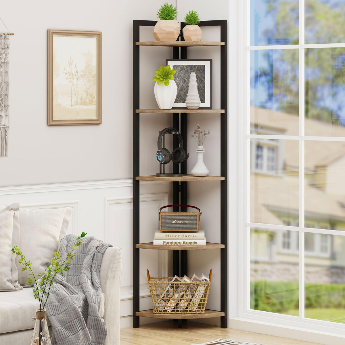 Tall Wood and Metal Corner Bookshelf B243