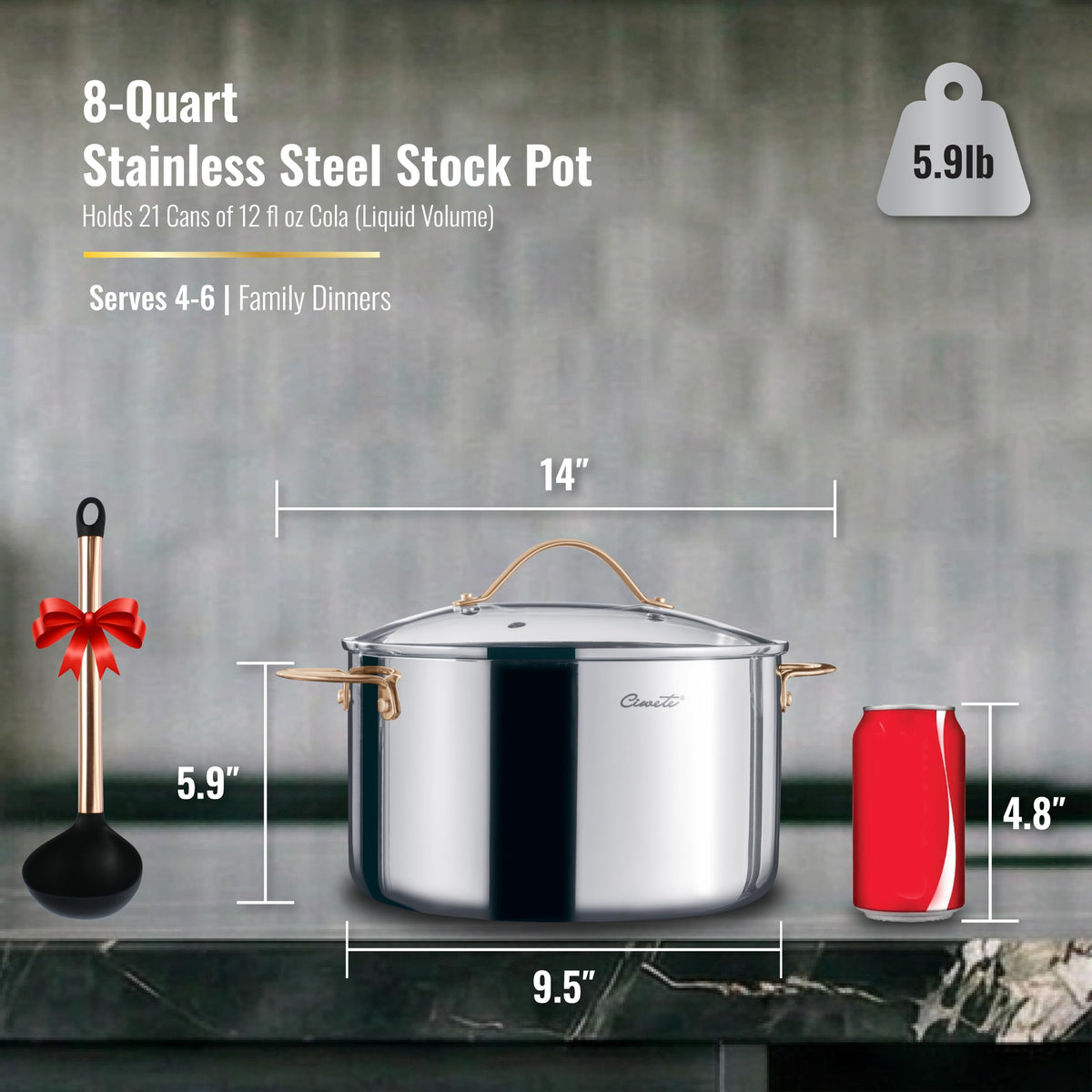 8 Quart 3 Ply Stainless Steel Stock Pot with Lid V824404