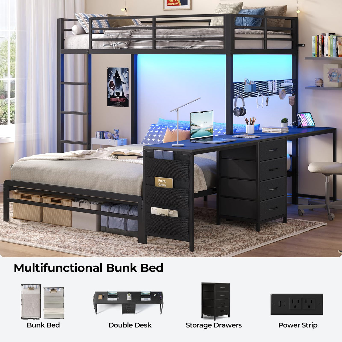 Black Twin Over Full Bunk Bed with Desk and Storage Drawers D83141