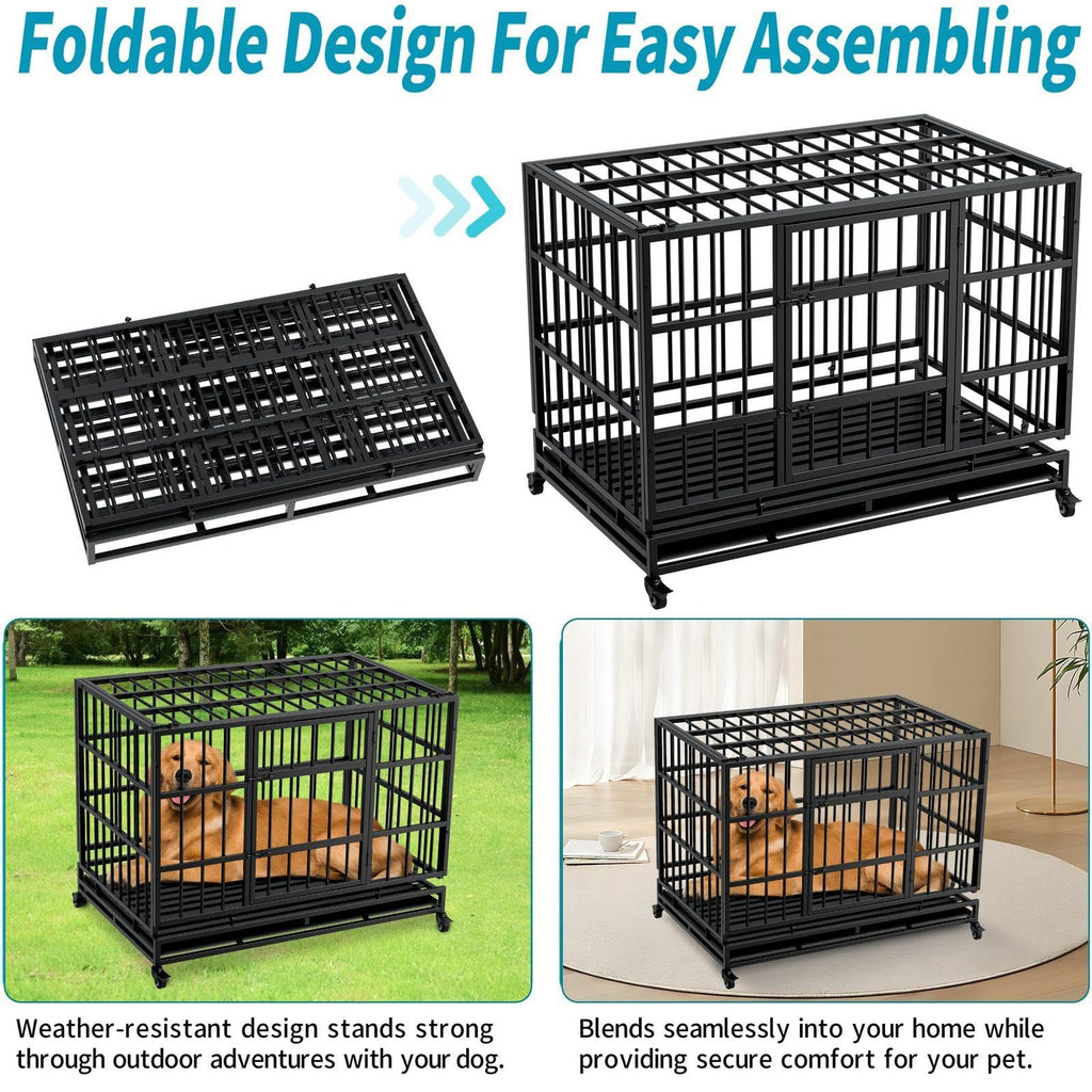 48 Inch Heavy Duty Metal Folding Dog Crate with Wheels and Double Doors F4245