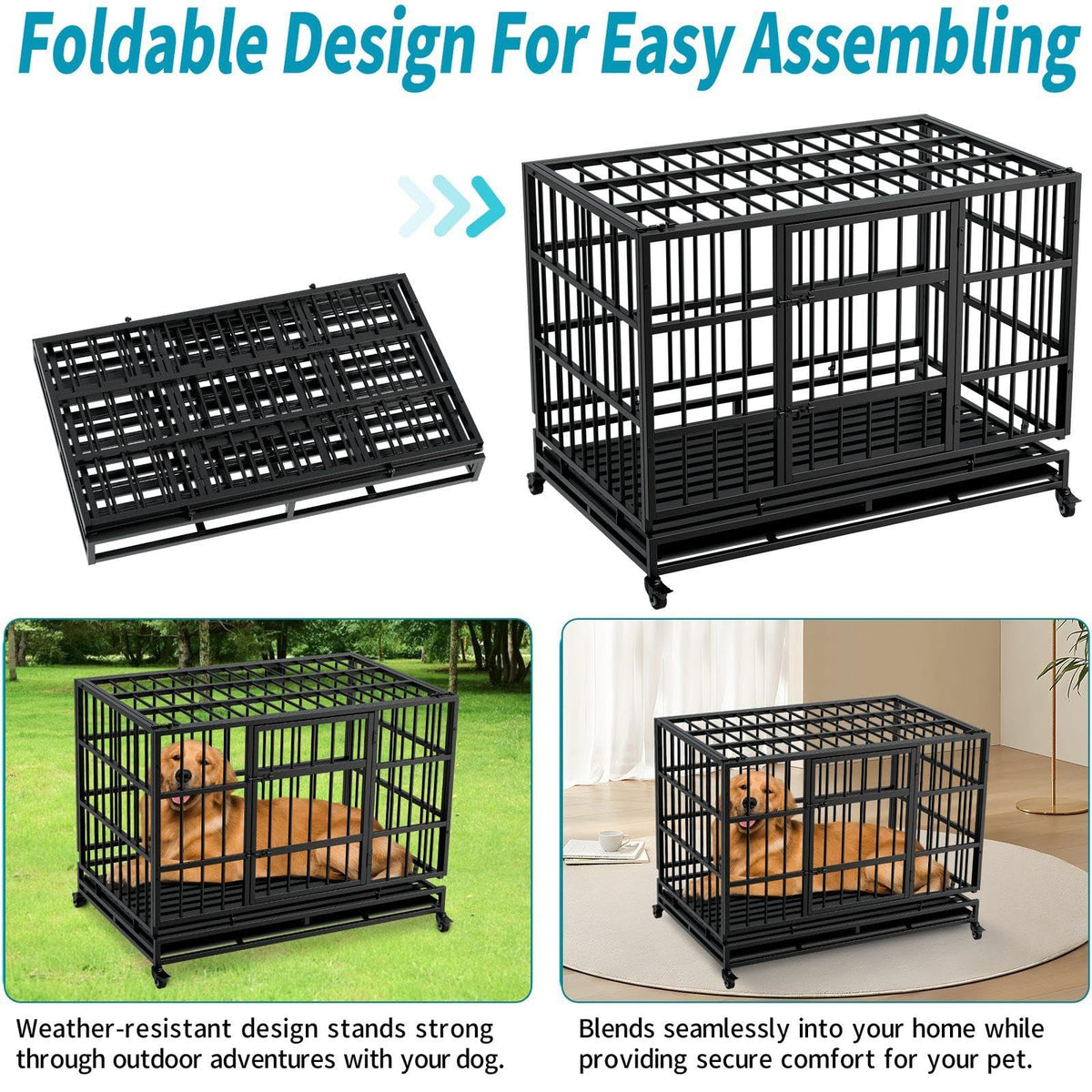 48 Inch Heavy Duty Metal Folding Dog Crate with Wheels and Double Doors F4245