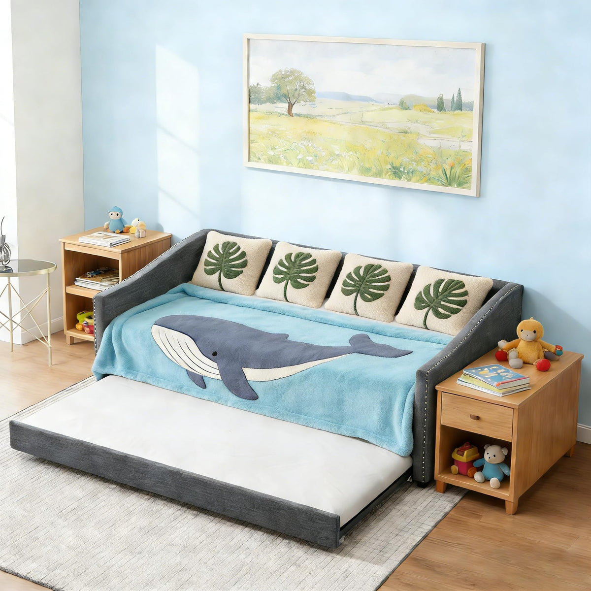 Twin Size Upholstered Daybed Frame with Trundle, Dark Grey S3014