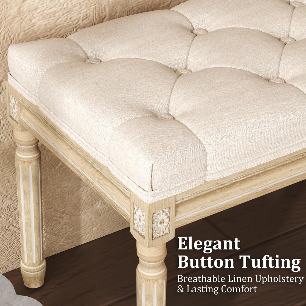 Beige Upholstered Bench with Carved Wood Legs O349