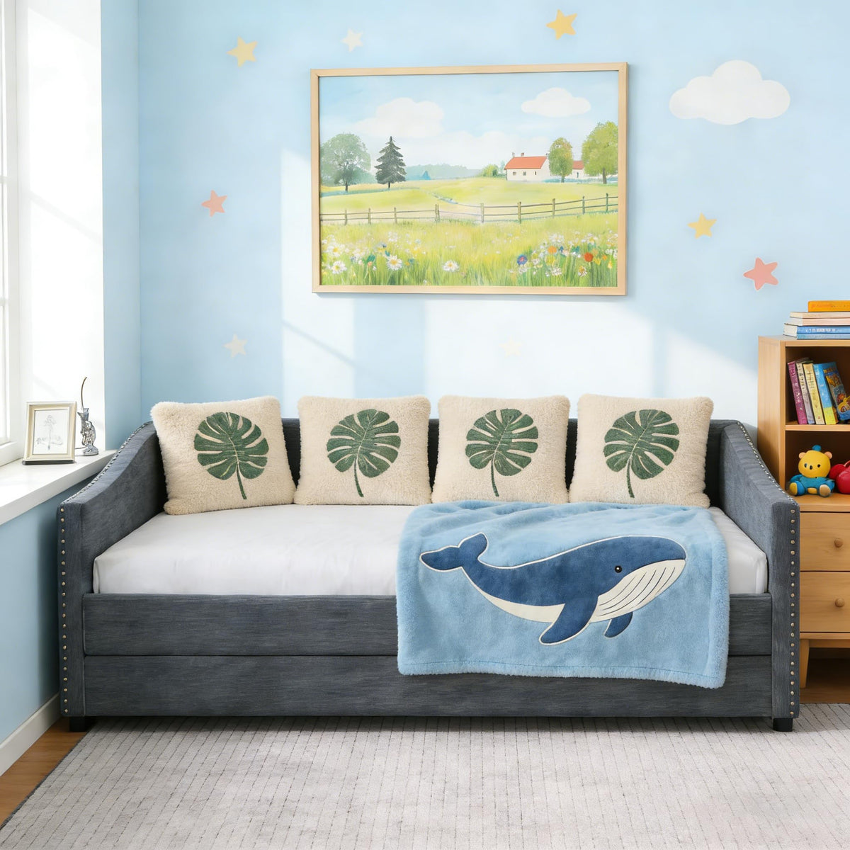 Twin Size Upholstered Daybed Frame with Trundle, Dark Grey S3014