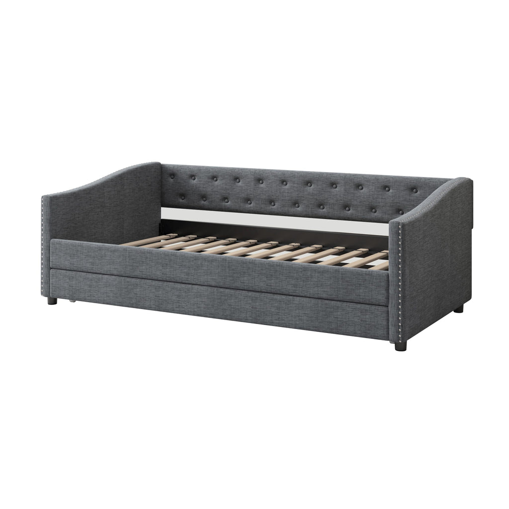 Twin Size Upholstered Daybed Frame with Trundle, Dark Grey S3014