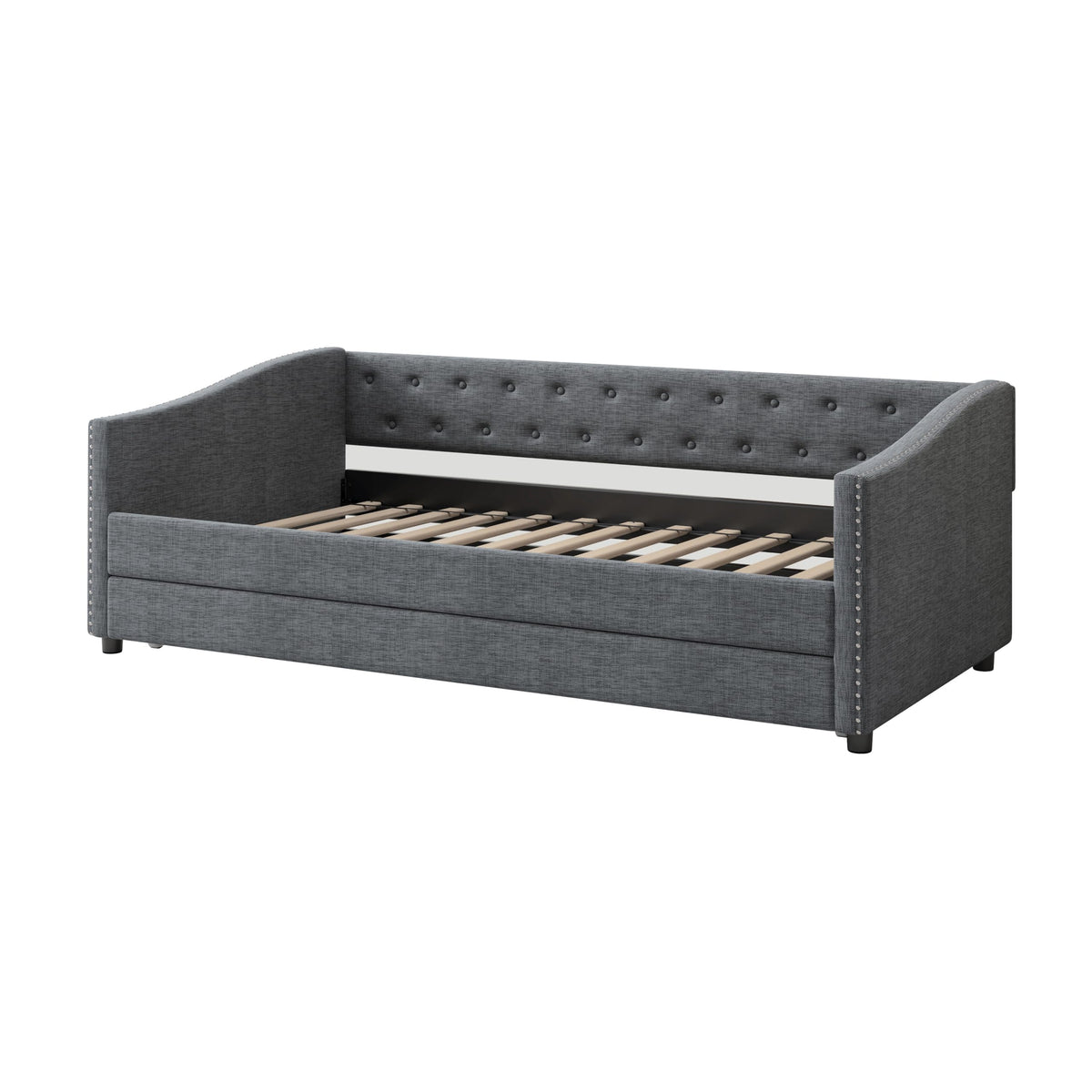 Twin Size Upholstered Daybed Frame with Trundle, Dark Grey S3014